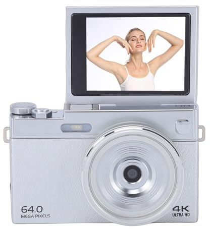 Yanmis Fotocamera Digitale 4K, Fotocamera Mirrorless HD da 64 MP con Messa a Fuoco Automatica Zoom Digitale 16X e Schermo Ribaltabile da 2,88 Pollici, per Vlogging di Viaggi Fotografici (Silver)