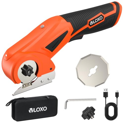 VLOXO Cordless Electric Scissors 4V, 2000mAh Rechargeable Cardboard Cutter with Upgraded Alloy Steel Blades, Built-in Safety Lock Rotary Cutter for Carpet Fabric Cloth and Crafts