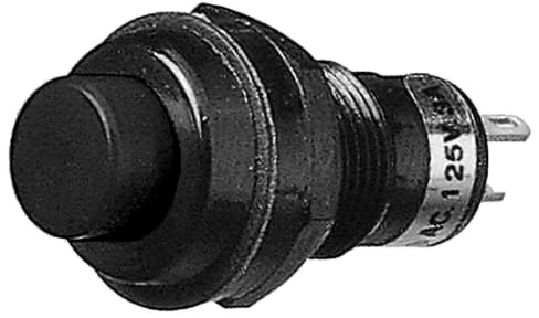 Interruttore a pulsante ⌀13mm, funzione ON-OFF, tasto nero, unipolare, 2 posizioni, rotondo, tondo, foro 10mm, fissaggio a vite, da pannello, portata 12V 220V 230V 1A, contatti a saldare, click