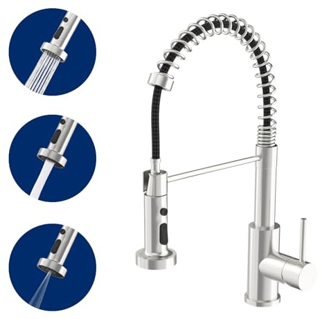 Geworzi Kitchen Mixer Tap with Pull Out Spray, Kitchen Sink Tap | Commercial Faucet, Single Handle Lever Kitchen Faucet, High Arc 360° Swivel with 3 Spray Modes Monobloc Sink Taps for kitchen