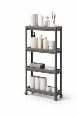 sugodesign Schmaler Rollwagen mit 4 Ebenen, Grau | Küchen- und Bad-Organizer, Platzsparendes Regal, Für enge Nischen, Verfügbar in Weiß, Grau und Schwarz