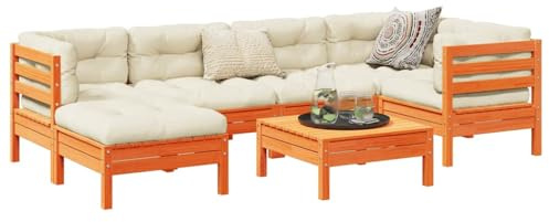 Owoxanthellate Salon de jardin, 7 pièces, 63 x 63 cm, en pin massif, résistant aux intempéries, crème, pour balcon, terrasse, jardin - Marron cireux