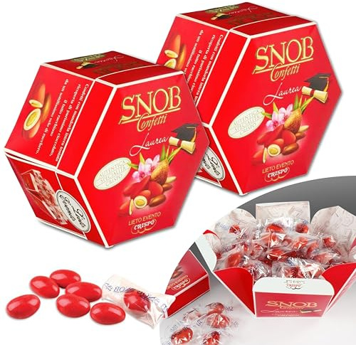 Confetti Snob Laurea Crispo Gusti Assortiti 2 x 500 g, Incartati Singolarmente Rossi con Mandorla Tostata e Cioccolato Bianco, Made in Italy per Bomboniera Confettata, Formato Convenienza 1000 g