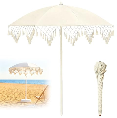YAVYAV Boho Sonnenschirm mit Fransen | Gartenschirm Runden | Strandschirm UV 50+ | Wasserdicht Tischschirm | Marktschirm Für Garten Terrasse Pool Balconi Esterno | Milchweiß