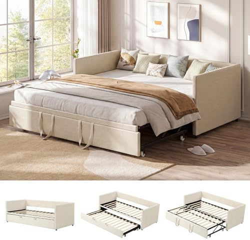 NSXSBUZ Ausziehbares Tagesbett 90/180x200 cm, Polsterbett Schlafsofa mit ausziehbarem Rollbett & Lattenrost,Schlafcouch Ausziehbar zum Doppelbett, Samt, Beige, Ohne Matratze
