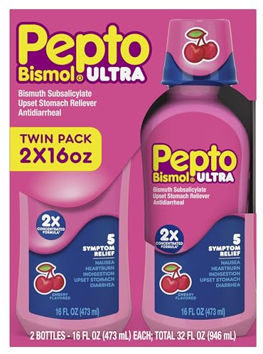 Pepto Bismol ULTRA Liquid for Nausea, Heartburn, Indigestion, Upset Stomach, and Diarrhea - 5 Symptom Fast Relief Medication for Adults, Cherry Flavor, 2x16 oz