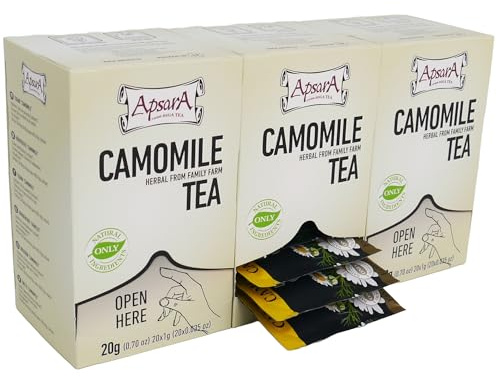 Kamillentee – Kräutertee aus echten Kamillenblüten, aromatisch & beruhigend – 3er Set (60 Teebeutel) – Hochwertiger Tee aus nachhaltigem Anbau von Apsara