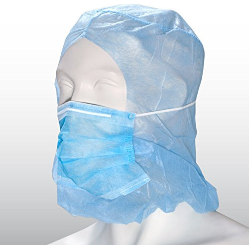 BICAP Astro Haube mit 2-lagigem Mundschutz 50 Stk, Haarnetz aus PP-Vlies mit angenähter Maske in hellblau/blau, Kopfhaube mit Gummizug