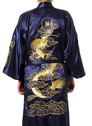 Orientaliska kläder UK lager blå silke badrock kimono klänning drake broderi Yukata Hakma vintage snabb leverans, BLÅ, S