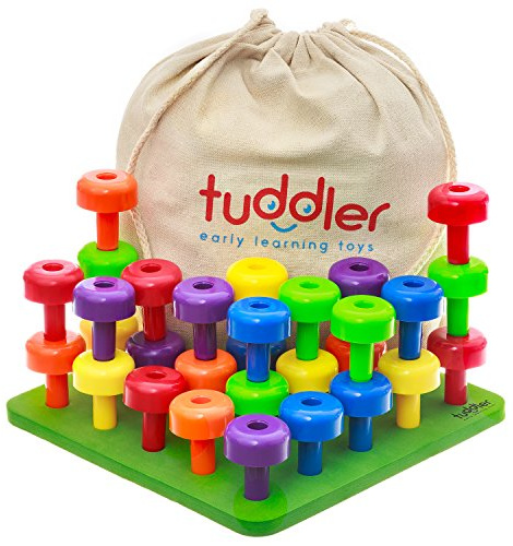 Tuddler Pegs Pegs Pecational Board innehåller en rad ljusfärgade stapeller/Montessori pedagogiska leksaker för barn + mönsterkort + gymväska för förvaring av leksaken + ebok