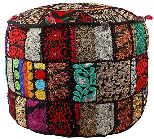 Aakriti Indischer Pouf mit Stickerei - Osmanischer Pouf Cover mit ethnischem Dekor - Baumwolle (Schwarz, 46x33 cm)