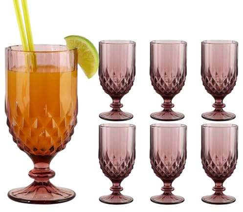 Dibor Set of 6 Wine Glasses 300ml Embossed Pink Diamond Goblets Alfresco Dining Glassware (BP74)