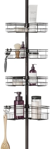 Zenna Home Organizador de ducha de esquina resistente al óxido para baño, 4 estantes ajustables en forma de L, con poste de tensión, para almacenamiento de baño y ducha, 60-97 pulgadas, bronce