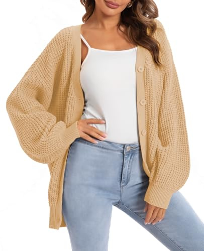 QUALFORT Women's Cardigan Sweaters for Women 100% Cotton Button-Down Long Sleeve Oversized Knit Coatigan Jackets Beige XXX-Large