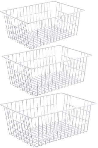 iPEGTOP Metal Wire Stroage Baskets, Large Freezer Refrigerator Organizer Bins, Home Office Shelf Freezer Storage for Bathroom, Pantry, Closets Organization Rack with Handles, 3 Pack, White