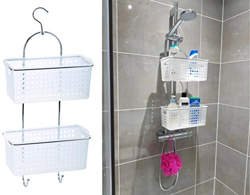 2 Tier Large Hanging Bathroom Organiser Unit Shower Rack Storage Caddy With Plastic Extra Deep Baskets