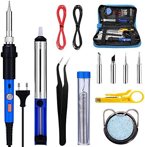 Saldatore Kit 60W Saldatura a Stagno Elettrico Temperatura Regolabile 220-480℃ 4 Punte per Saldatore Pompa Dissaldante Supporto per Saldatore filo di stagno, pinzetta, Adatto a Manutenzione