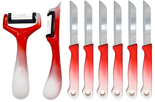 Solingen 6 coltelli da frutta con 2 pelapatate (rosso), adatti come coltello da frutta, sbucciatore, coltello da verdura e coltello da colazione