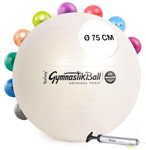 Pezzi - Gymnastikball Pezziball MAXAFE 75cm Ø mit Ballpumpe– Sitzball für Therapie, Sport & Büro - Trainingsball aus Flexton Silpower® latexfrei, widerstandsfähig & elastisch – Perlweiß