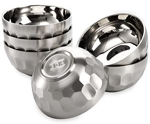 Okllen 6 Pack Stainless Steel Bowls, 15.5 Oz/440ML Double-Walled Metal Soup Bowls, 18/8 Stainless Steel Lightweight Salad Bowls Snacks Bowls Multipurpose Dinner Bowl for Rice, Noodle, Fruit, Cereal
