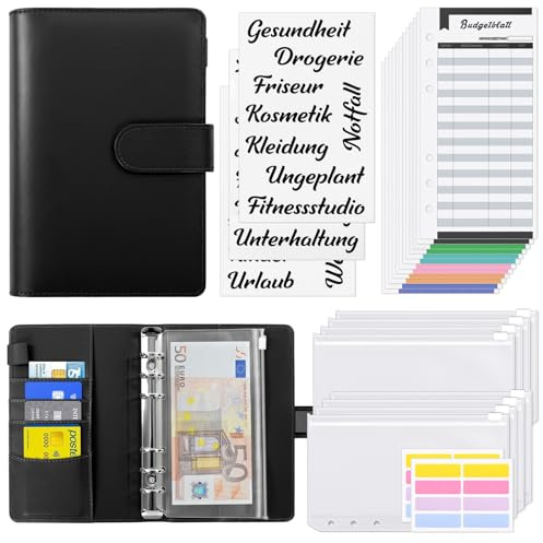 KONVINIT Budget Planner Deutsch Budget Binder A6,Budgetplaner Geldumschläge Umschlagmethode Sparen,Sparbuch mit Folien,Geld Organizer mit Budgetbogen,Etiketten,schwarz