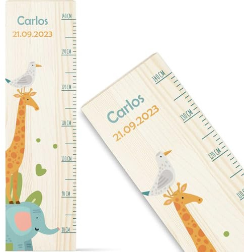 GRAVURZEILE Messlatte für Kinder aus Holz - Tiere Design - mit Namen für Kinderzimmer - Skala misst 80-140 cm - Größe 20 x 70 x 2 cm - Geschenk zur Geburt für Mädchen & Jungen