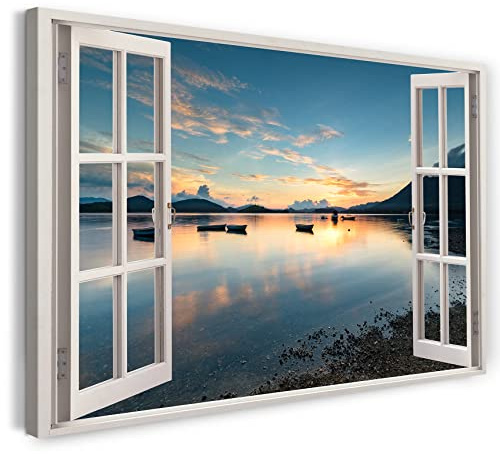 Bilder Fensterblick 60x40cm Baumwoll-Leinwand auf Keilrahmen mit Aufhänger moderner Kunstdruck XXL Wandbilder Wand-Dekoration Landschaft am Meer Natur Sonnenuntergang Boot - Natur-Fotografie
