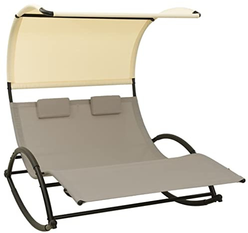 vidaXL Double Sun Lounger with Canopy Double Sunlounger Rocking Lounger Sunbed Daybed Outdoor Relax Comfort Steel Frame Taupe and Cream