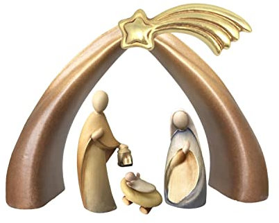 JS Garten Deko Krippe mit Krippenfiguren Stella Kollektion Heilige Familie H 10 cm Krippe Modern Heiligenfigur Holzfigur Holzstatue Dolfi