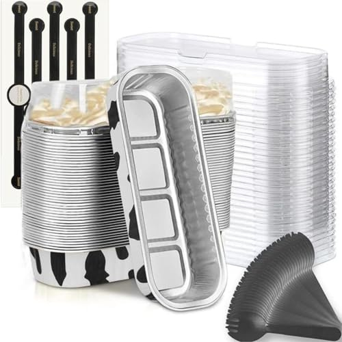 Findful Mini Loaf Baking Pans with Lids and Spoons (50 Pack, 6.8oz) Rectangle Aluminum Foil Baking Pans Tins Containers - Cupcake Containers Wrappers Cheesecake Creme Brulee Ramekins