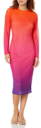 The Drop Vestido para Mujer, Gene Midi de Malla de Manga Larga con Espalda Abierta, Ombré Morado/Rosa/Naranja, XXL Grande