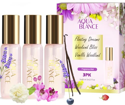 AQUA BLANCE Body Spray Set for Women, Each 60ml/2.1 FlOz, Travel Size Womens Fragrance Body Spray, Three Scents - Vanilla Woodland, Lavender, Jasmine Raspberry