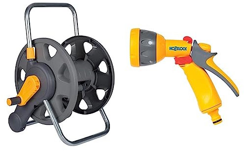 HOZELOCK - Hose Reel 60m 2-in-1 (Reel and Wall Fixings Only) : Free-Standing or Wall-Mounted, Reel & HOZELOCK - Multi-Jet Spray Gun : Ideal for Daily Use, Multi-Tasking Spray Gun, Locking