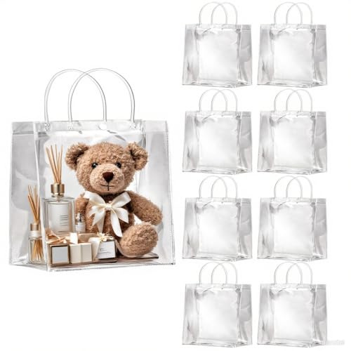 OfficeCastle Kleine transparente Geschenktüten, 15 x 7 x 16 cm, transparente Taschen mit Griffen, wiederverwendbare Einkaufstaschen für Geburtstag, Weihnachten und Feiertage (15 x 7 x 16 cm), 10 Stück