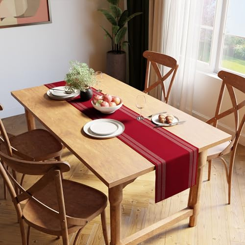Encasa XO Camino de Mesa, Algodón Canalé Fino 13x54 Escalera Roja
