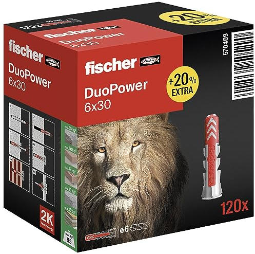 fischer DuoPower 6 x 30 in an Attractive Lion Action Box, Universal Dowels, Powerful 2-Component Dowels for Mounting in Concrete, Bricks, Stone, etc. with 20% More Content, Pack of 120