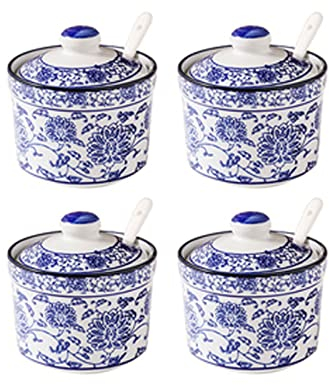 Vaso di stoccaggio dello zucchero in ceramica, Zuccheriera cinese in porcellana bianca e blu con coperchio, zuccheriera in porcellana con cucchiaio, piccola saliera, for bar, ristorante-blu e bianco-s