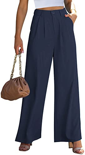 Roskiky, Pantaloni Palazzo da Donna, Lavoro, Business, Casual, a Vita Alta, Gonna, Pantaloni Fluidi, per Ufficio, blu navy, M