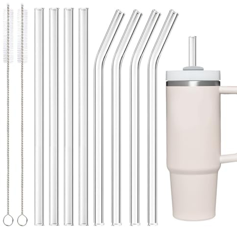 Cannucce di vetro lunghe 31 cm per Stanley Adventure Quencher tazza da viaggio 40 oz, confezione da 8 cannucce di ricambio e 2 spazzole per la pulizia (8 pezzi trasparenti (4 dritti + 4 curve))