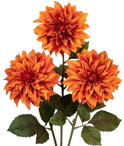 Hollyone 3 Stück Künstliche Dahlie Blumen Orange, 70cm Kunstblume Seidenblumen mit Langem Stiel für Blumenarrangements, Faux Herbst Blumen für DIY Hochzeit Party Deko Home Office Dekoration