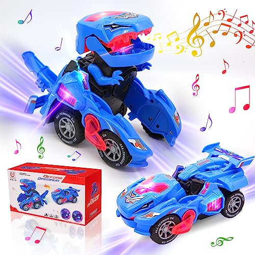 KJIXYUNG Verwandeltes Dinosaurier-Spielzeugauto, elektrisches ferngesteuertes Auto, kabelloses ferngesteuertes Auto mit Musik, (blau)