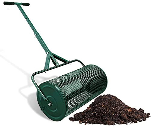 OSBELE Máquina de siembra Manual con esparcidor de abono, esparcidor de turba de Metal Resistente de 24 Pulgadas, Mango Ajustable, Cesta de Malla metálica Duradera, esparcir turba, fe