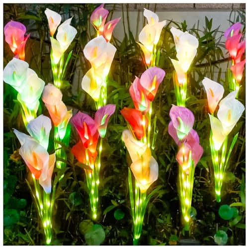 DooYard Lot de 4 lampes solaires de jardin en forme de lys calla, version améliorée avec tiges lumineuses, lampes solaires à changement de couleur pour décoration de jardin, décoration de cour et