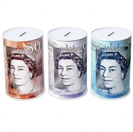 Bargain House Money Tin Saving Box, Cylindrical Piggy Bank for Notes and Change, Random £20 or £50 Note Design, for Kids and Adults (Random Tin will be sent Pack of 2)