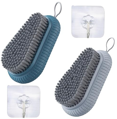 Nail Brush, Heavy Duty Nail Brushes for Cleaning Finger Nails, Durable Stiff Bristles Nail Hand Scrub Brush, Nail Scrubbing Brush for Cleaning, Attached Adhesive Hooks (blue and grey)