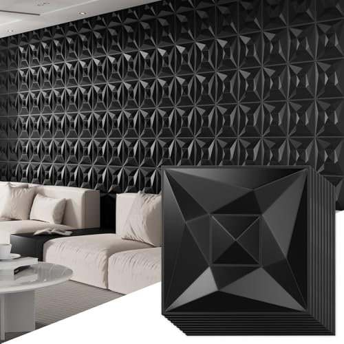 Umedol 40 PCS 3D Wall Panels Peel and Stick for Interior Wall Décor Black 11.8*11.8 Wall Covering Panels，PVC Textured 3D Wall Tile for Living Room，Bedroom DIY Interior Wall Decor