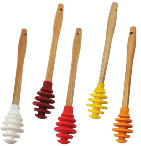 COLLBATH Silicone Honey Dipper Sticks Set of 5 2 Green 2 Red 1 Pink Non-Stick Honey Stirring Spoons and Syrup Container