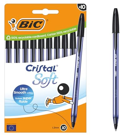 Bic Cristal Soft Ballpoint Pens Medium Tip (1.2 mm) with Easy Glide Ink – Black, Box of 10