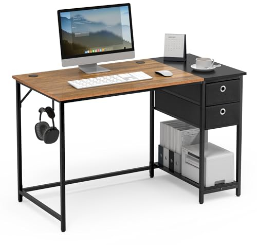 Mondeer Schreibtisch, Computertisch mit Schubladen und Kopfhörer Halter, 120x60x76cm, für Büro Arbeitszimmer Wohnzimmer, Vintage Braun und Schwarz