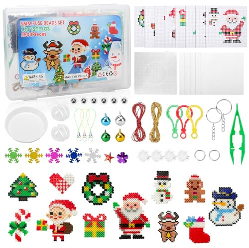 Nakutita 2500 Bügelperlen Weihnachten Set, Steckperlen 5 mm Perlen mit Steckplatte, 12 Muster, Bügelpapier, Kreative DIY Kit zum Basteln Handwerk für Kinder Geschenk Weihnachtsdekoration